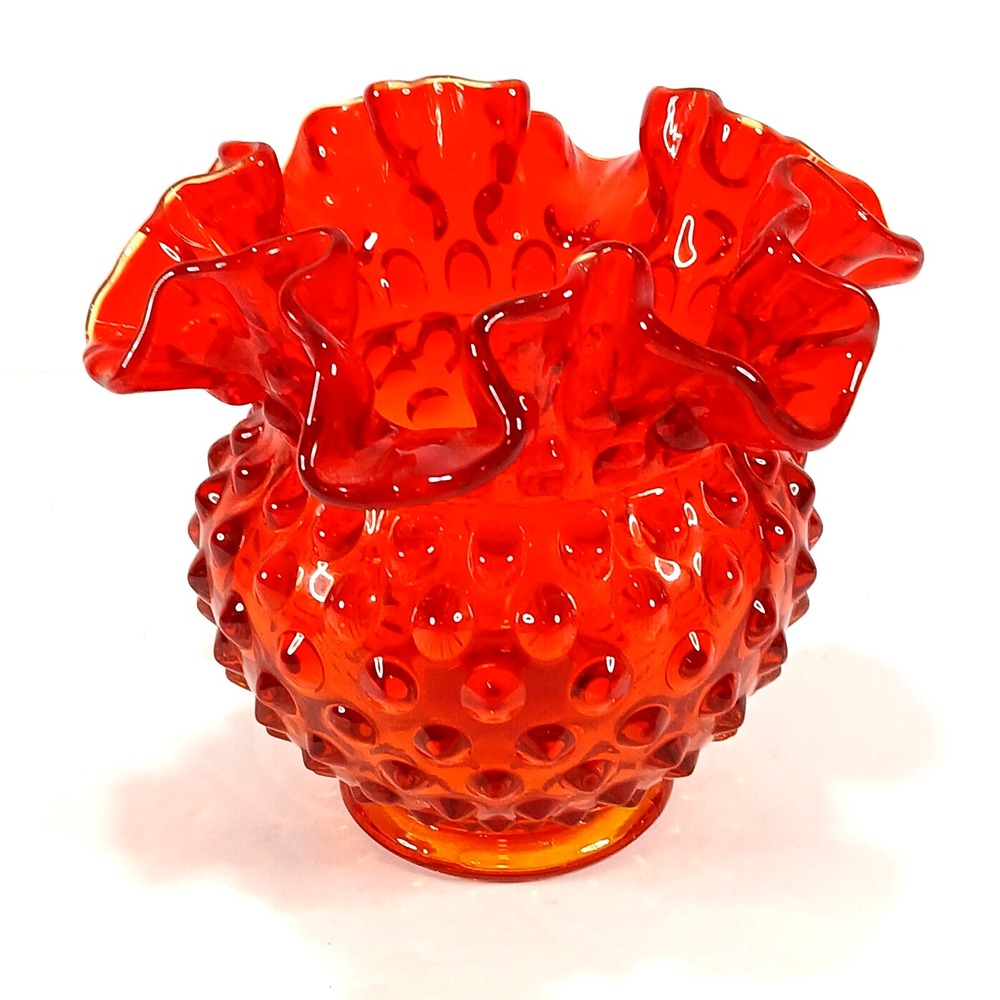 Tangerine Amberina Art Glass Vase Fenton Crimped Hobnail Ruffled